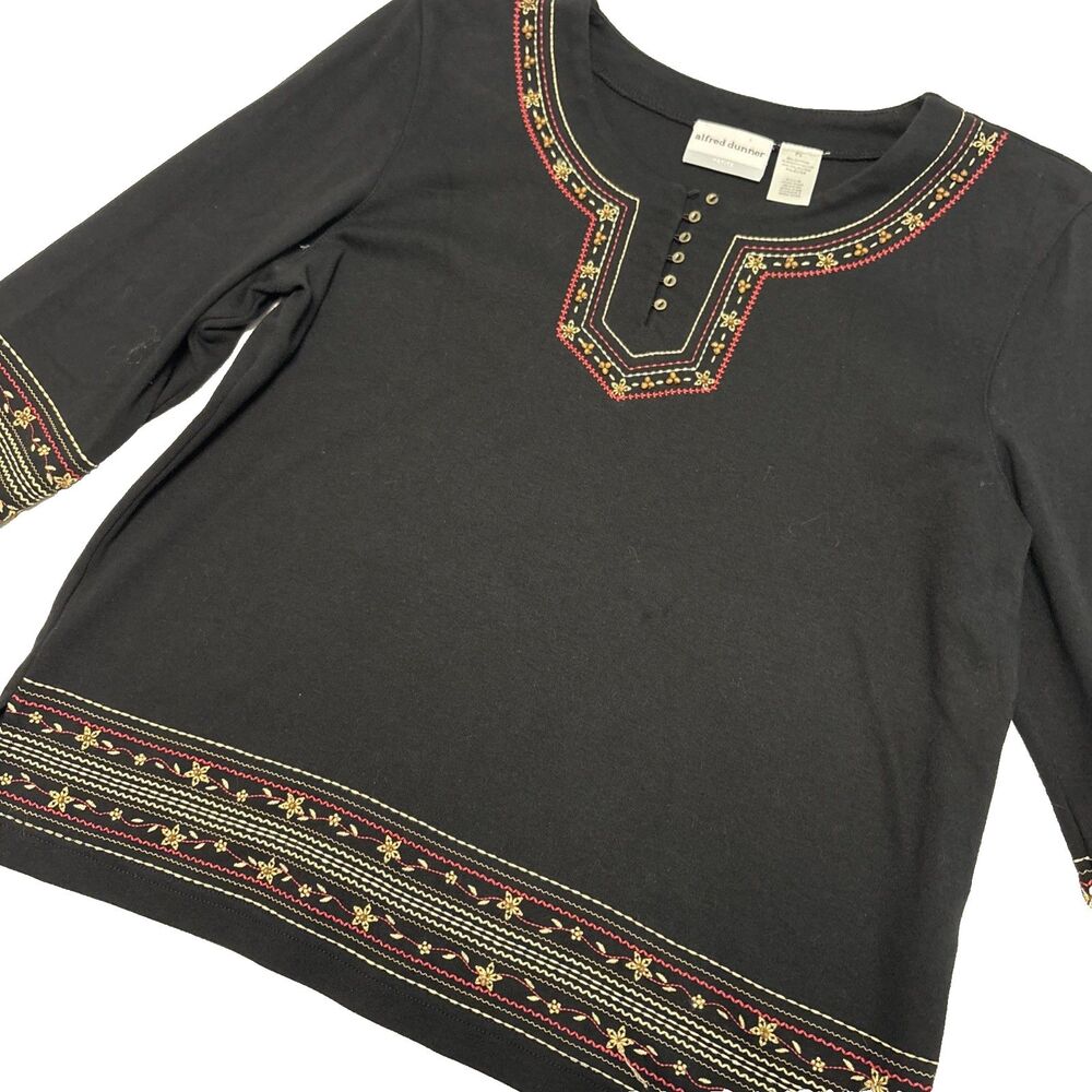 Alfred Dunner Black 3/4 Sleeve Tunic Top Hand Embroidered Beaded Sz Petite Large